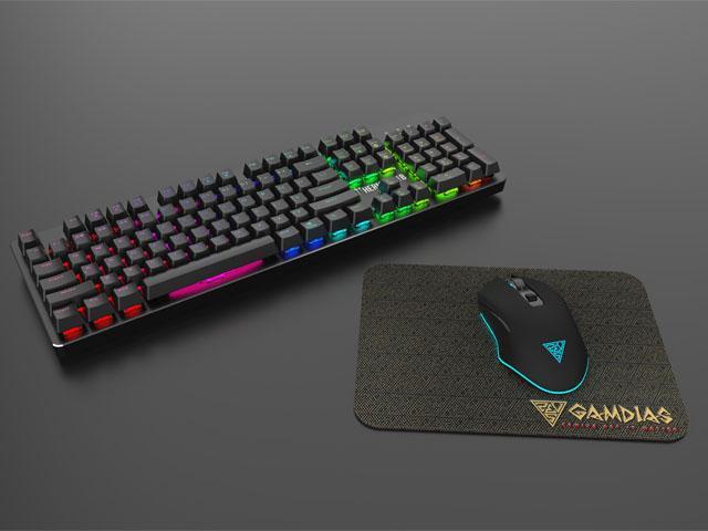Gamdias Hermes P1B Mechanical Gaming Keyboard with Blue Switches, mouse, and mouse pad.
