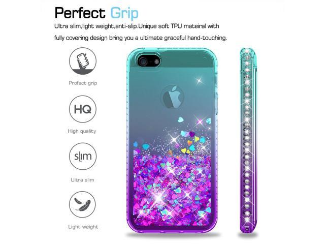 Iphone 5s Case Iphone Se Case With 2 Pack Tempered Glass Screen Protector For Girls Women Leyi Glitter Bling Liquid Quicksand Tpu Protective Phone Case For Iphone 5 Zx Gradient Teal Purple