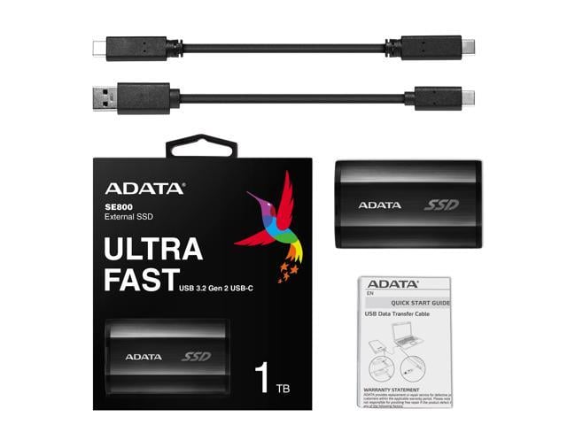 ADATA SE800 1TB IP68 Rugged - Up to 1000 MB/s- SuperSpeed USB 3.2 Gen 2  USB-C External Portable SSD Black (ASE800-1TU32G2-CBK)