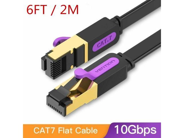 Cat7 Ethernet Cable, Vention Flat High Speed 10 Gigabit LAN Network Patch Cable with Clips, Faster Than Cat6 Cat5e, Shielded RJ45 Connectors for Xbox One, Switch, Router, Modem, Printer- Black/6ft