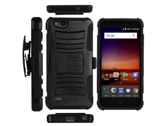 Blade Vantage ZFive G LTE Z557BL Tempered Glass Screen Protector Rugged Stand Holster Cover Atom Cloth Tire Print Dual Layer Armor Case Compatible with ZTE ZFive C LTE Z558VL