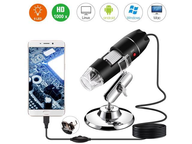 Compatible with Mac Window 7 8 10 Android Linux 8 LED USB 2.0 Digital Microscope Jiusion 40 to 1000x Magnification Endoscope Mini Camera with OTG Adapter and Metal Stand 