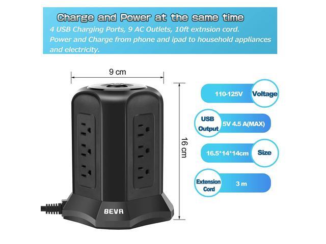 Power Strip Tower Surge Protector BEVA 10ft Flat Plug Desktop Charging  Station 9 AC Outlets 4 USB Ports, 900 Joules, Long Extension Cord for Home