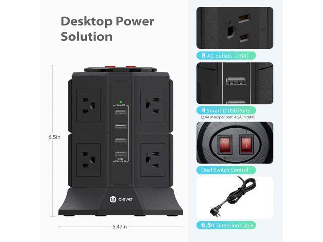 IClever Power Strip Tower Surge Protector 8 AC Outlets 4.5A USB Ports Desktop 