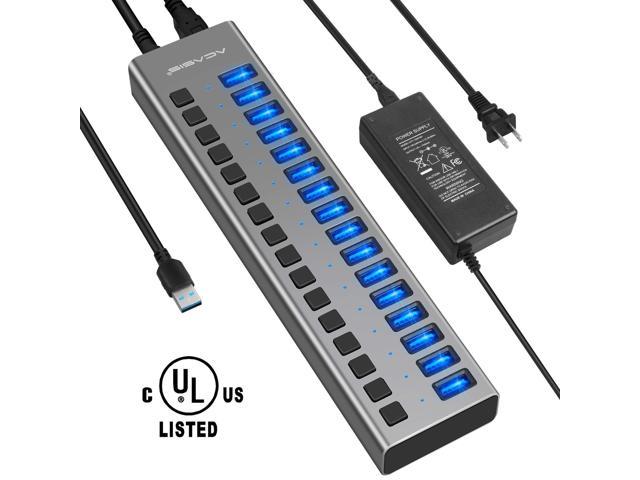 White SDENSHI 7-Port USB 2.0 Hub with Individual LED Power Switches for Laptop USB Splitter with Power Adapter Extension Cable 
