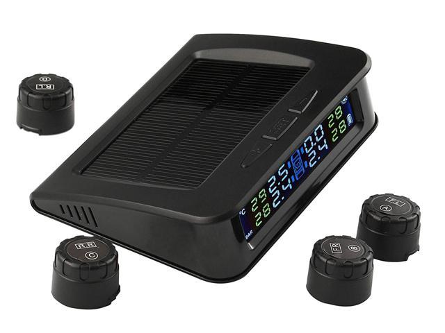 TPMS Solar Power Universal Wireless Tire Pressure Monitoring System with 4 External Sensors to Monitor and Display the Pressure and Temperature of 4 Tires in Real-time