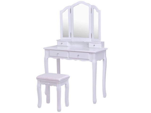 Tri Folding Mirror Vanity Table Stool Set With 4 Drawers White Newegg Com