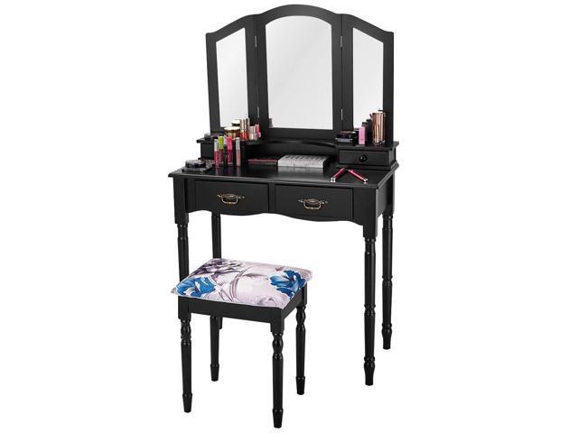 Black White Vanity Makeup Dressing Table With Tri Folding Mirror Newegg Com