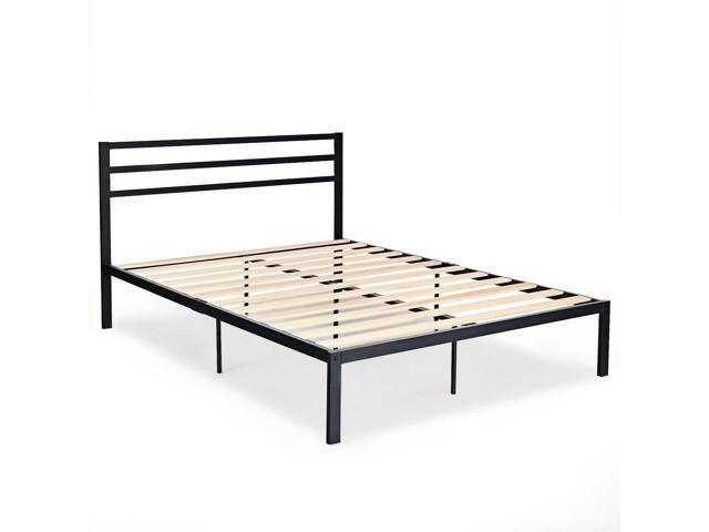 Queen Size Steel Bed Frame With Wooden Slat Support Black Newegg Com