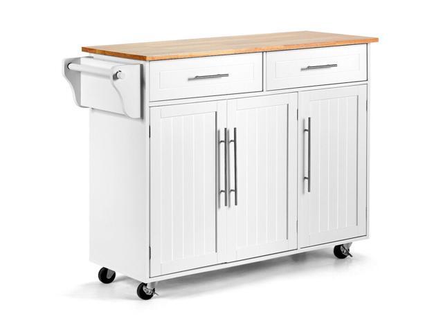 Kitchen Island Trolley Cart Wood Top Rolling Storage Cabinet White Newegg Com