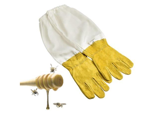 Pair Protective Beekeeping Gloves Goatskin Vented Long Sleeves Yellow white
