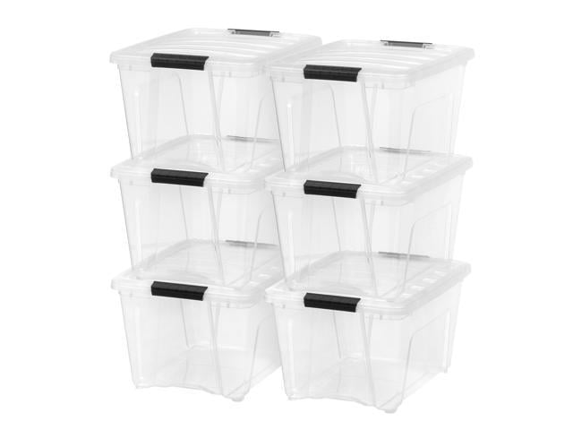 Photo 1 of IRIS 32 Quart Stack & Pull™ Box, 6 Pack, Clear with Black Handles, TWO LIDS COMPLETELY BROKEN (THREW OUT), 6 TUBS 4 LIDS, PLEASE SEE PHOTOS 