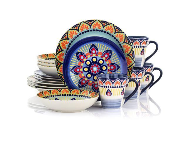 Elama Zen Blue Mozaik 16 Piece Luxurious Stoneware Dinnerware with Complete Setting for 4 16pc