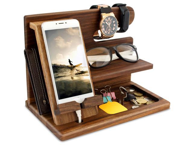 Natural Walnut Wood Phone Docking Station Key Holder Wallet Stand Watch Organizer Men Gift Husband Wife Anniversary Dad Birthday Nightstand Purse Father Graduation Male Travel Idea Gadgets Solid Watches Newegg Com