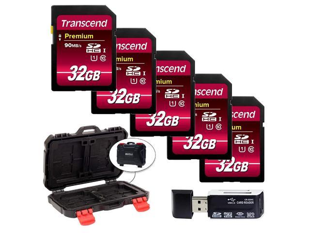 Transcend 32GB Premium Class 10 UHS-I 400X SDHC Memory Card (5-Pack) + Memory Card Hard Case + Hi-Speed SD USB Card Reader