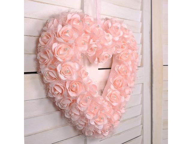 Idyllic idyllic Heart Shaped Wreath Floral Rose Artificial Garland Door  Wreath for Home Wedding Valentine's Day Decoration, Pink, 14