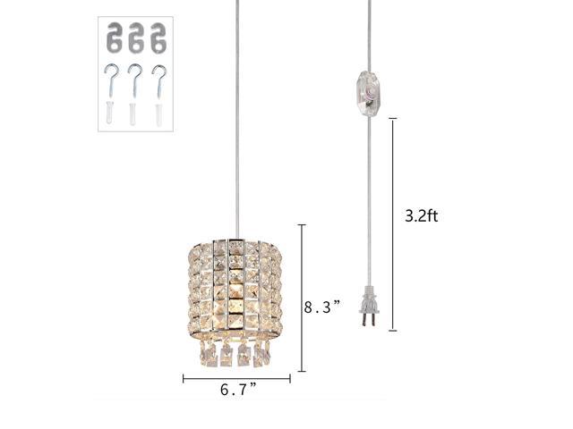 HMVPL Plug-in Crystal Swag Chandelier with ON/Off Dimmer Switch and 16.4 ft Clear Hanging Cord Modern Chrome Cylinder Pendant Lights Fixtures for Kitchen Island Bedroom Bar Girls Kids 