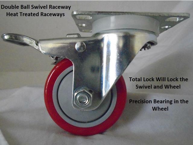 3" x 1-1/4" Swivel Caster w/Red Polyurethane Wheel w/ Total Lock Brake 300 lb ea 