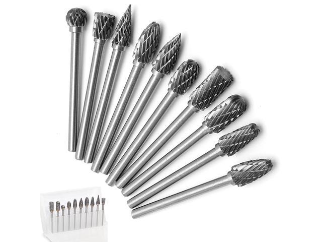 Double Cut Carving Burr Bits 10 Pieces Tungsten Carbide Rotary Burr Set with 1/8 Shank 1/4 Grinding Head for DIY Carving Metal Polishing Engraving Drilling 