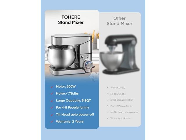 Stand Mixer FOHERE, 6-Speed Stainless Steel Mixer with Dough Hook, Mix –  Fohere