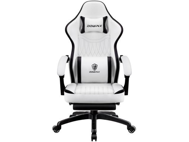 Dowinx Gaming Chair with Pocket Spring Cushion Vintage Style, Breathable PU Leather Gamer Chair, Ergonomic Computer Chair with Massage Lumbar Support and Footrest (Black White)
