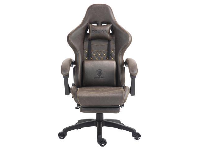 Dowinx High Back Gaming Chair with Massage Lumbar Support, Game Chair with Adjustable Headrest, Ergonomic Office Chair, Racing Chair with Footrest, PU Leather, Brown