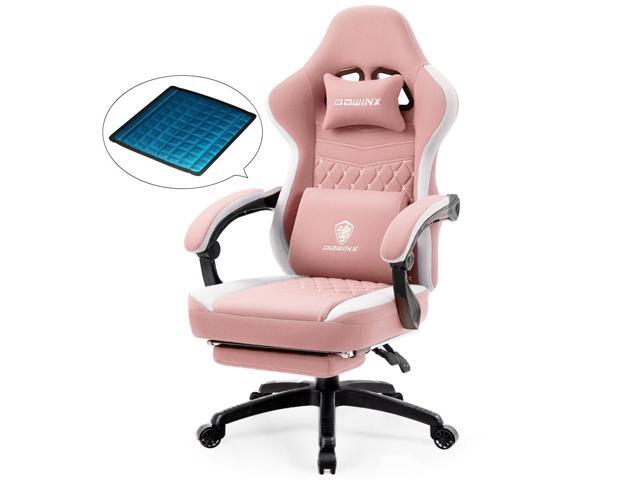 Dowinx Gaming Chair with Pocket Spring Cushion, Breathable Fabric Computer Chair with Gel Pad, Comfortable Office Chair with Storage Bag, Massage Game Chair with Footrest, Pink