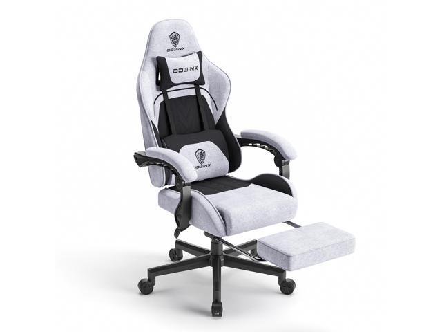 Dowinx Fabric Gaming Chair with Massage Lumbar Support, Ergonomic Computer Chair with Adjustable Headrest and Footrest, Cloth Gamer Chair with Pocket Spring Cushion, Light Grey