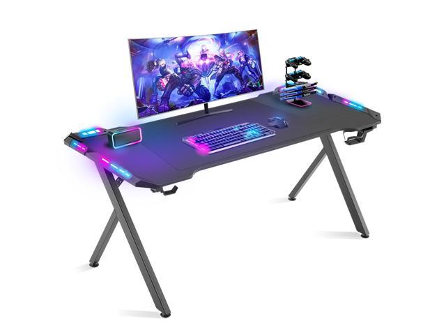 Dowinx55inchGamingDeskwithRGBLEDLights,RacingStylePCComputerDeskHomeOfficeComputerTableGamerWorkstationwithCarbonFiberSurface,CupHolderandHeadsetHook,Black