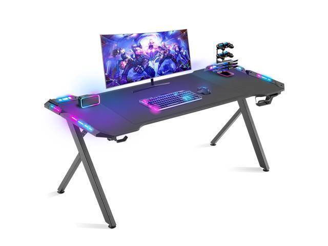 Dowinx63inchGamingDeskwithRGBLEDLights,RacingStylePCComputerDeskHomeOfficeComputerTableGamerWorkstationwithCarbonFiberSurface,CupHolderandHeadsetHook,Black