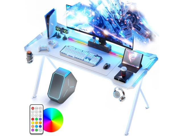 Dowinx63inchGamingDeskwithRGBLEDLights,RacingStylePCComputerDeskHomeOfficeComputerTableGamerWorkstationwithCarbonFiberSurface,CupHolderandHeadsetHook,White63"