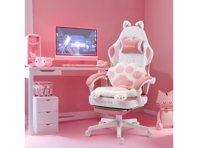 Gaming Chair Cute with Cat Ears and Paw Lumbar Seat Cushion, Ergonomic Computer Chair with Footrest, Reclining PC Game Chair for Girls, Computer Chair 300lbs for Adult, White&Pink