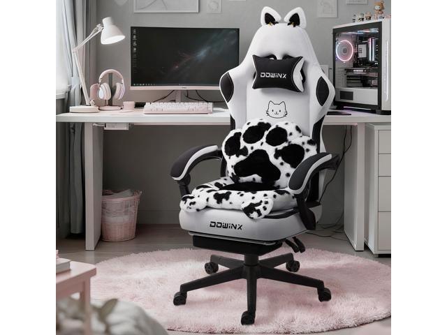 Dowinx Cute Gaming Chair with Cat Ears and Paw Lumbar Seat Cushion, Ergonomic Computer Chair with Footrest, Kawaii Game Chair for girls, Reclining PC Game Chair for Home Use, Black White