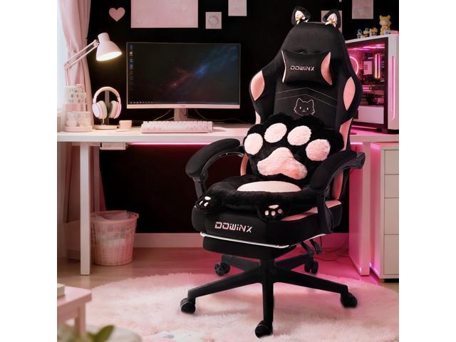 Dowinx Cute Gaming Chair with Cat Ears and Paw Lumbar Seat Cushion, Ergonomic Computer Chair with Footrest, Kawaii Game Chair for girls, Reclining PC Game Chair for Home Use, Black Pink