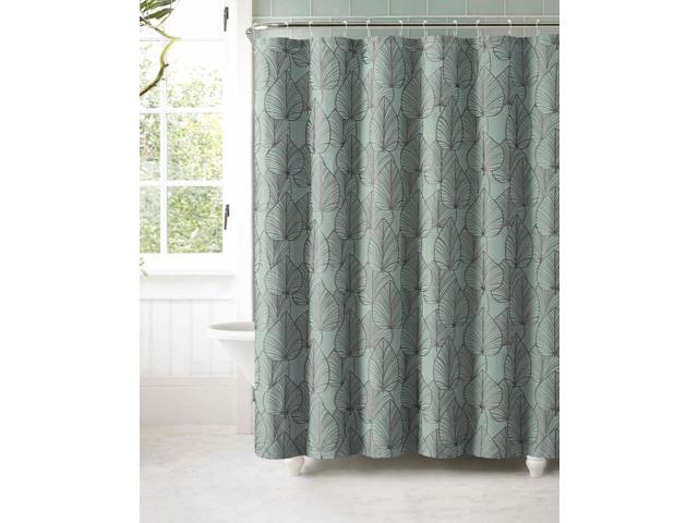 Slate Blue Jacquard Fabric Shower Curtain Gray Textured Leaf Design