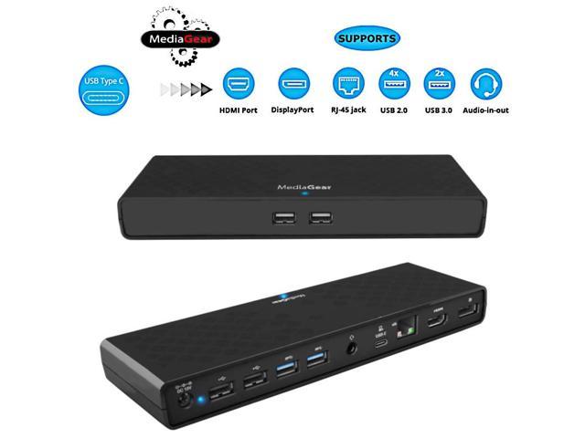 Photo 1 of MediaGear USB C Docking Station w/ 45W Laptop Power Delivery: Dual HDMI+DisplayPort, USB 3.0/2.0, Ethernet, Audio/Mic Jack, Bundle: 65W AC Adapter, C-C Cable, C-A Dongle for Mac & Windows OS