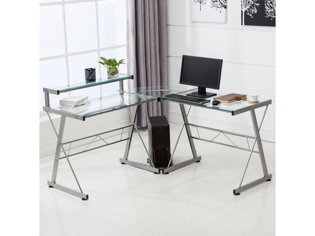 Modern L Shape Corner Computer Desk Pc Glass Laptop Table