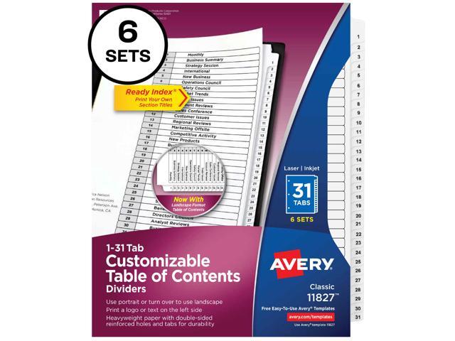 Avery Ready Index 31 Tab Dividers, Customizable TOC, 6 Sets (11827 ...