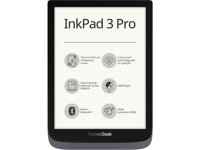 PocketBook InkPad 3 Pro Grey, 7,8" E Ink® Carta™ (1404 × 1872), SMARTlight, IPX8, Metallic Grey, Dual Core (2×1 GHz), Operative memory: 1 GB, Flash memory: 16 GB, Accumulator: 1900 mAh