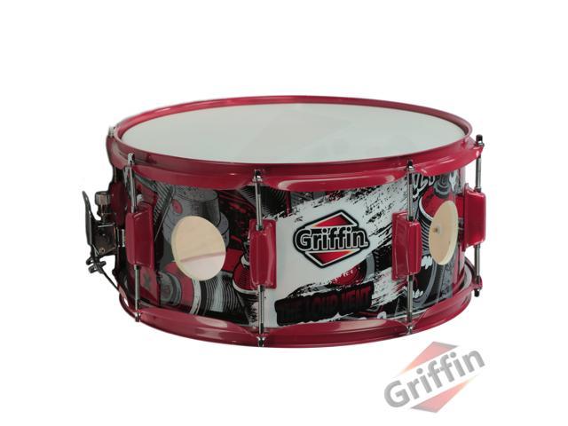 GRIFFIN Snare Drum Birch Wood Shell 14 X 6.5 Inch | Oversize 2.5" Large Vents & Custom Graphic Wrap (Limited Edition) | Red Hardware & Marching Drummers Key for Students & Pros | 8 Metal Tuning Lugs