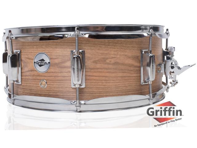 Oak Wood Snare Drum by GRIFFIN | PVC on Poplar Wood Shell 14" x 5.5" | Percussion Musical Instrument with Drummers Key for Students & Professionals|8 Tuning Lugs & Deluxe Snare Strainer