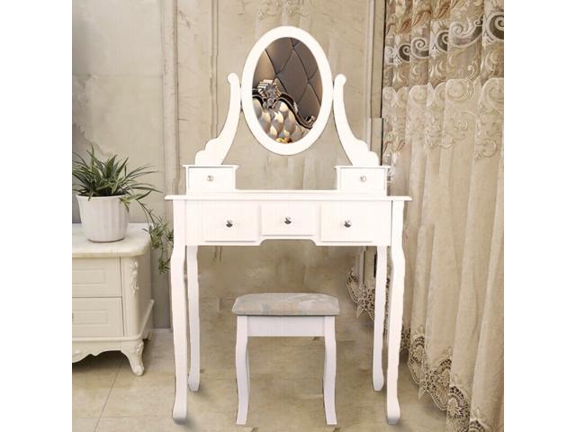 Stool Mirror 5 Drawers Jewelry Desk, Glass Dressing Table Vanity Sets