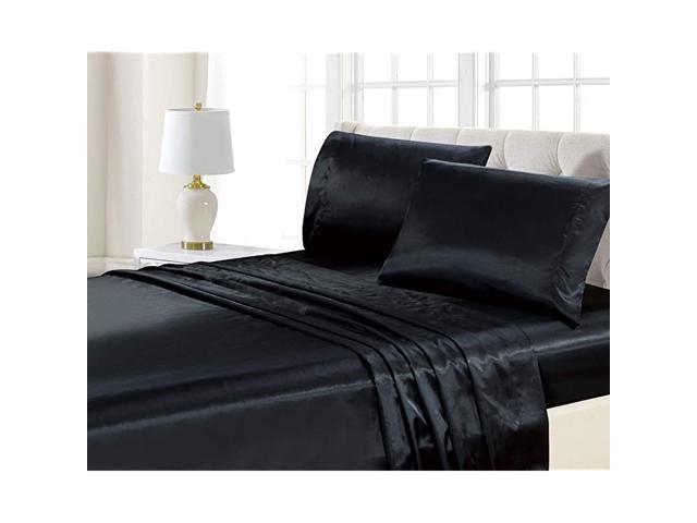 4pc Queen Size Satin Sheet Set Solid, Solid Black Queen Size Bed Set