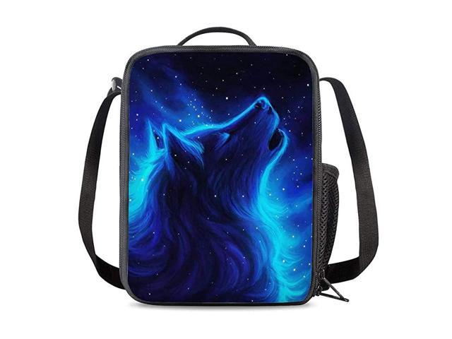 Kids Back to School Lunch Bag Polyester Durable Insulated Reusable Lunch Box Bag Animal 3D Pattern Purple Wolf 