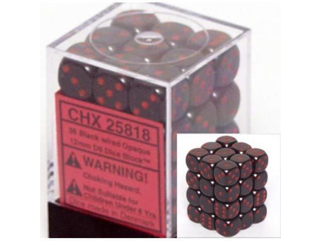 FBA25818 Opaque 12mm d6 Black wRed Dice Block 36 Dice BlackRed