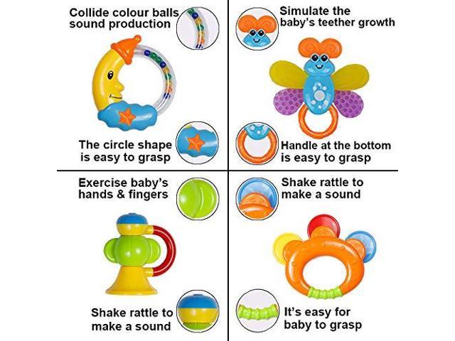 LITTLESMET Baby Rattle Sets Teether Rattles Toys, 8pcs Babies Grab Shaker  and Spin Rattle Toy Early Educational Toys with Owl Bottle Gifts Set for