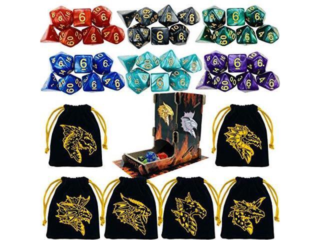 6 Sets Dnd Dice Polyhedral Dungeons and Dragons DND RPG MTG Table Game Dice Bulk with FREE Six Drawstring Bags and DD Dice Tower Black