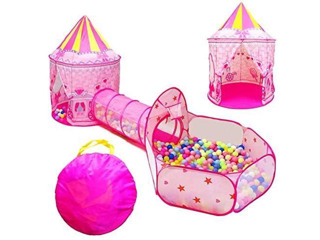 Playz 3pc Kids Play Tent Crawl Tunnel and Ball Pit Pop Up Playhouse Tent with Basketball Hoop for Girls Babies Boys and Toddlers for Indoor and Outdoor Use with Pink Carrying Case 