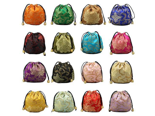 Silk Brocade Jewelry Pouch Bag Drawstring Coin Purse Gift Bag Value Set( 16 Pouches)