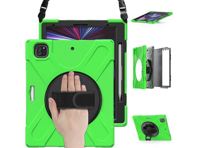 iPad Pro 12.9 Case 2021 5th Generation, Shockproof Rugged Drop Protection Cover with Pencil Holder and Rotating Kickstand Hand Strap / Shoulder Strap For iPad Pro 12.9 inch 2021 Green